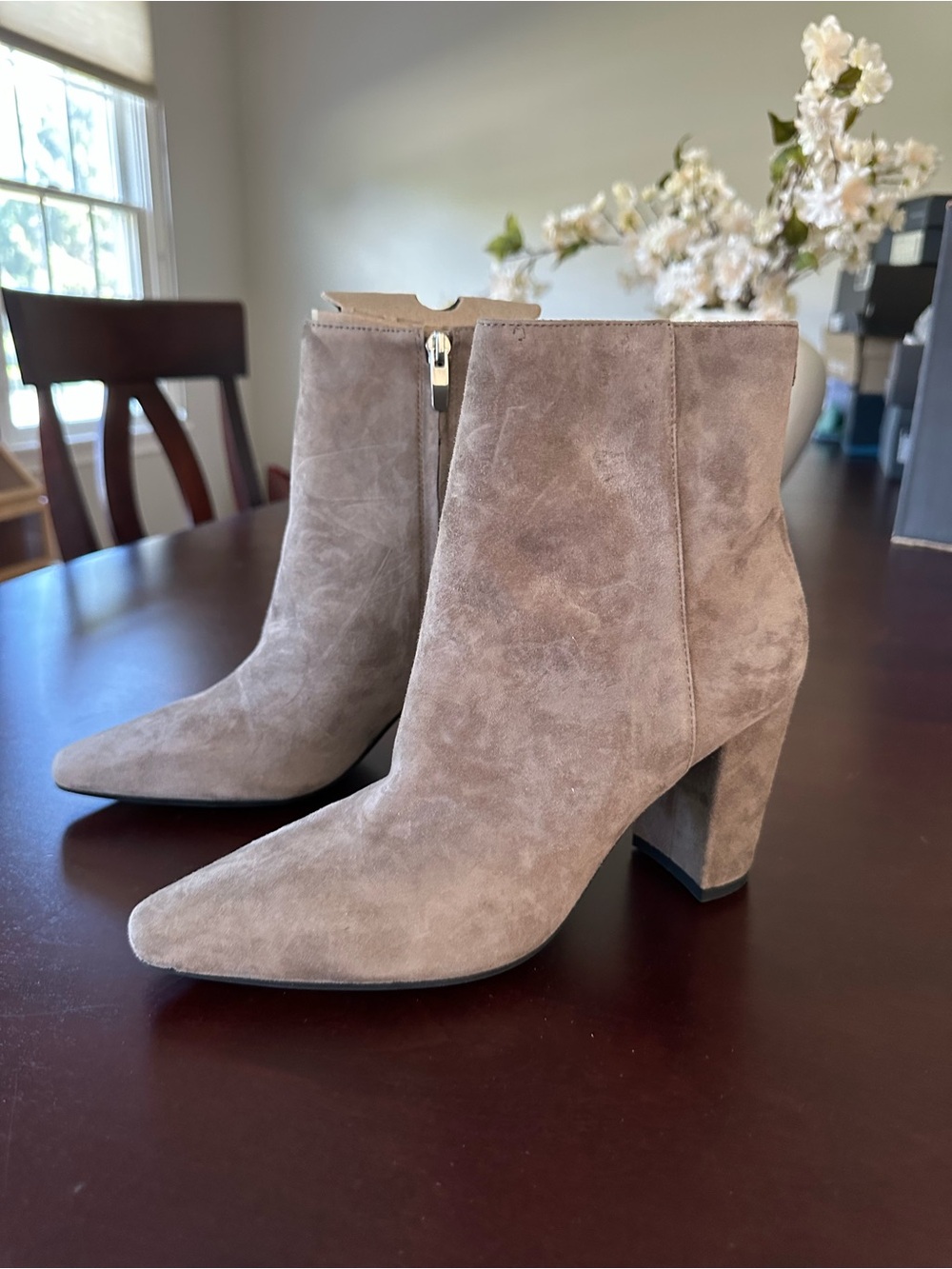 Nine West Taupe Suede Pointed Toe Block Heel Ankle Boots